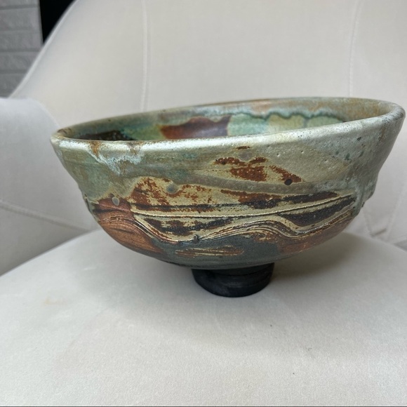Large Raku Bowl Studio Art Pottery Swirl Stoneware Unique Art Decor MCM - Picture 3 of 6